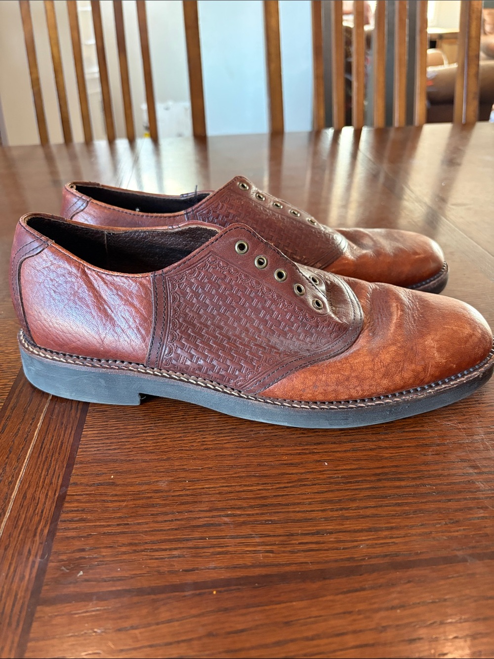 Men's Woven-Panel Brown Leather Derby Shoes